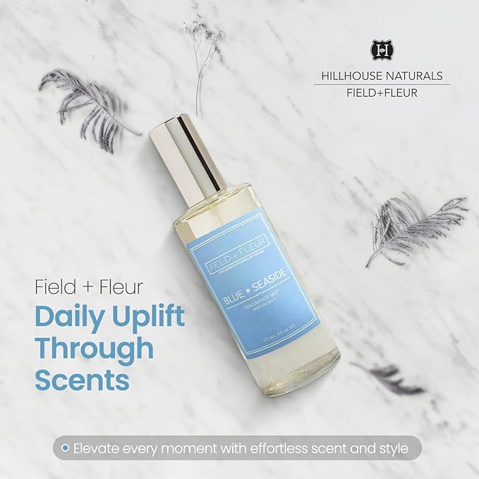 FIELD FLEUR Natural Room and Linen Spray, Non-Toxic Fragrance Mist With Tangy citrus, marine, ripe coconut, musk, & spicy sandalwood – Long-Lasting Room Spray for Home– Made in USA, 4oz – Blue Seaside