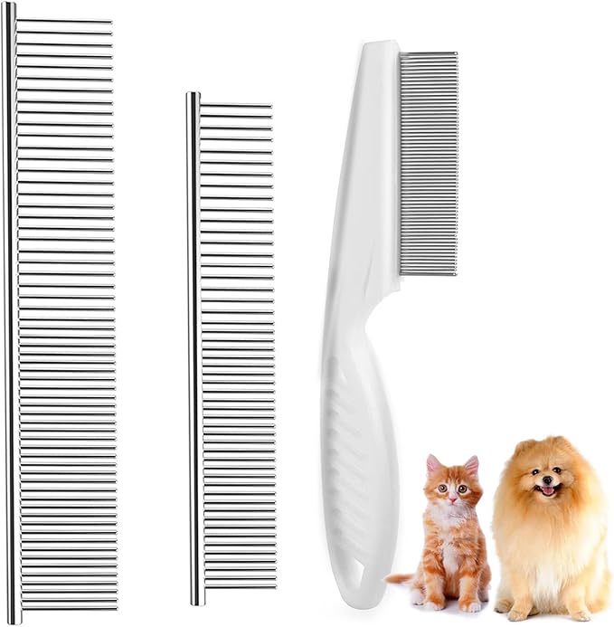 Dog Combs for Grooming, Metal Dog Comb and Flea Comb with Rounded Teeth for Removing Tangles and Knots for Long and Short Haired Dogs and Cats (stainless steel)