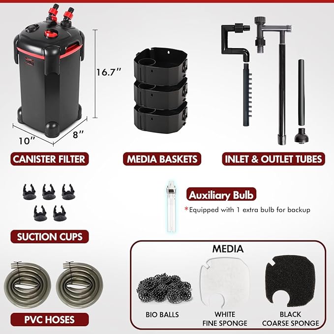 264GPH Canister Filter, 3-Stage External Aquarium Filter Ultra-Quiet Water Circulation Cleaning Machine with Media for Fish Tanks and Aquariums Up to 75 Gallons (264GPH)