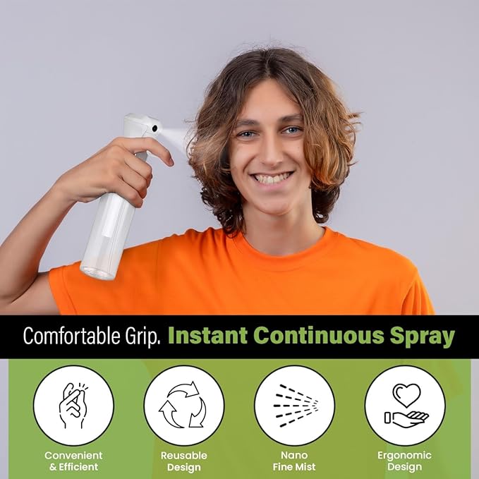 VIGOR PATH Continuous Spray Bottle for Hair – Fine Mist Mister for Hairstyling, Cleaning, Plants, Pets, Barbers, Salons, and Essential Oil Applications (300ml/10 oz) Clear 2 Pack