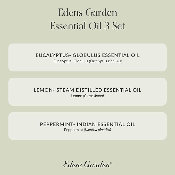 Edens Garden Essential Oils 3 Set – 100% Pure Therapeutic Grade, Undiluted, Natural Aromatherapy Scents for Diffusers, Humidifiers, Massage & Yoga – Eucalyptus, Lemon & Peppermint, 10 ml/ 3 Pack