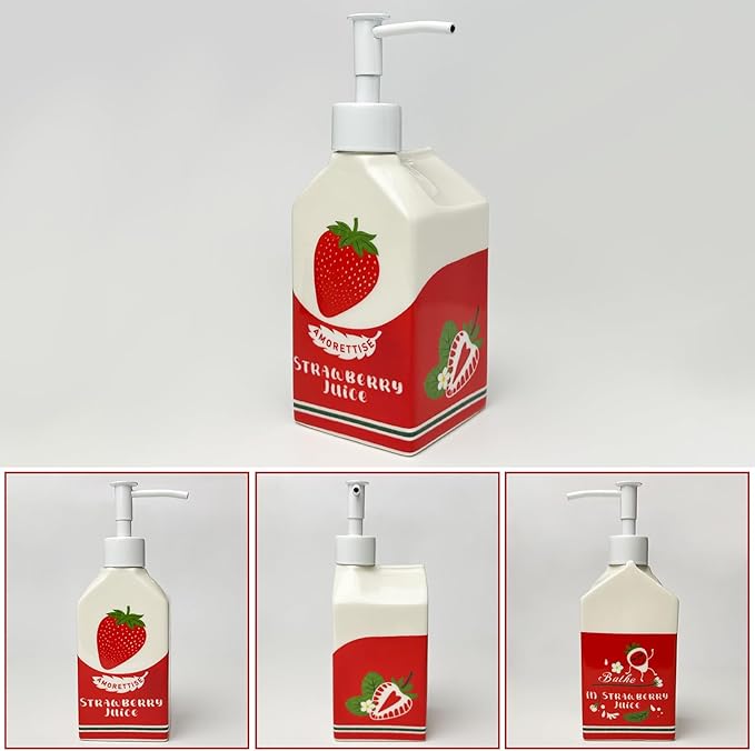Ceramic Strawberry Juice Bottle Soap Dispenser, Refillable Lotion Bottle for Bathroom Kitchen Dish Soap (Strawberry)