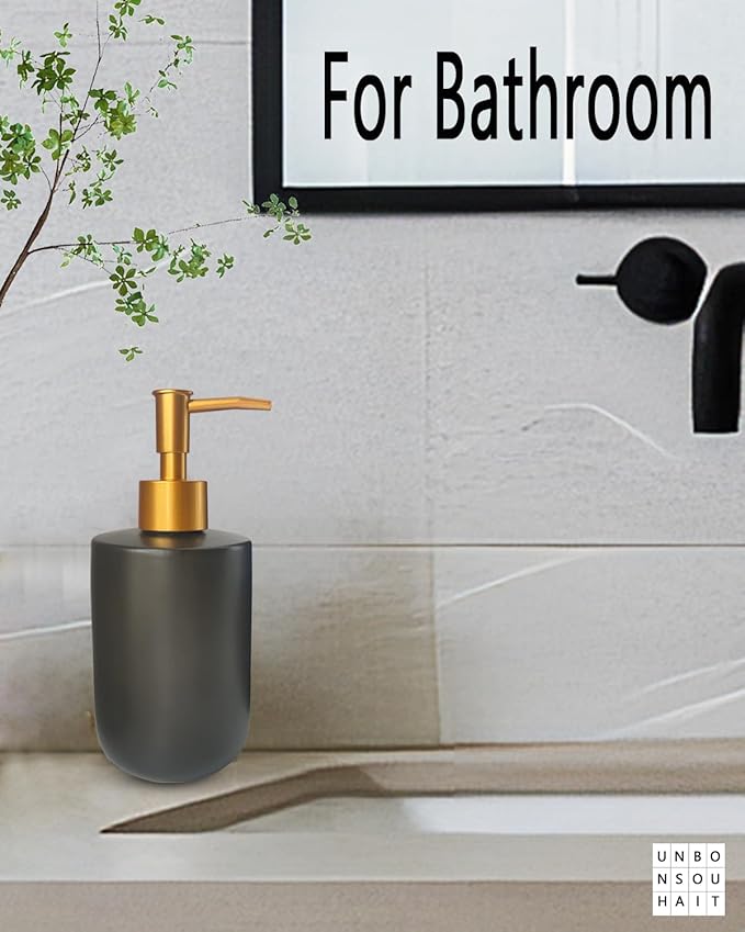 Black Liquid Soap Dispenser for Bathroom with Golden Pump,Refillable Dish Dispenser for Kitchen， Countertop Lotion Ceramics Hand Dispenser 420ml(Cylindrical Black Bottle)