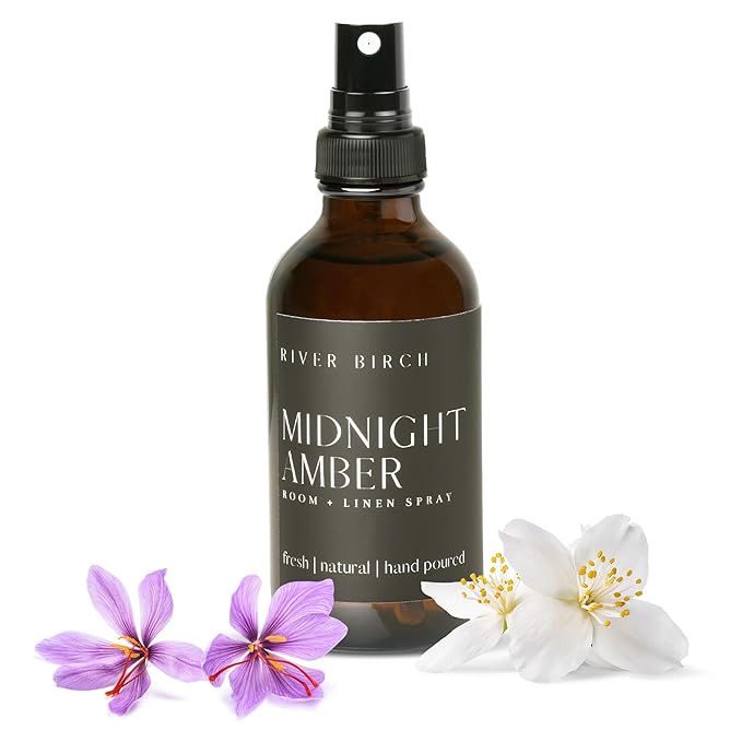 River Birch Luxury Linen and Room Spray - Midnight Amber Home Signature Scent - Room Fragrance Spray - Fragrant Fresh Linen Air Freshener For Bedding - Handmade in Texas - 4 oz Glass Amber Bottle