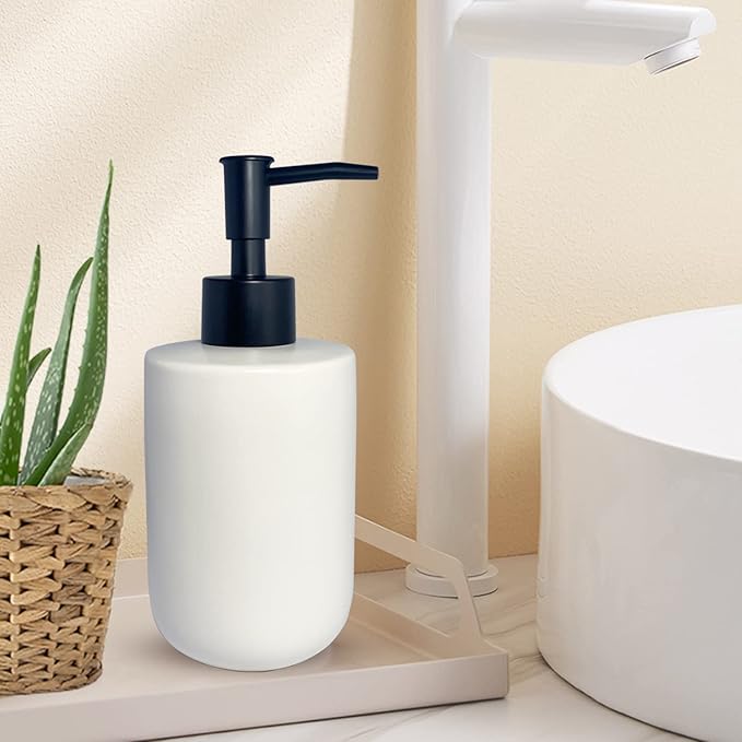 White Soap Dispenser with Matte Black Pump for Bathroom,Minimalist Modern Design Cylindrical Lotion Dispenser,12oz Ceramic Hand Dish Soap Dispenser,Refillable Liquid Dispenser for Kitchen (White)