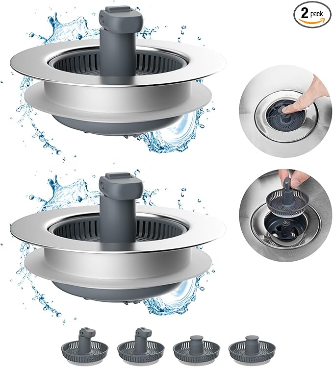 Hibbent 2 Pack 3 in 1 Kitchen Sink Drain Strainer and Stopper Combo, Chrome Stainless Steel Wraped Shell, 6 Anti-Clogging Basket Strainer with Foldable Handle for US Standard 3-1/2" Drain
