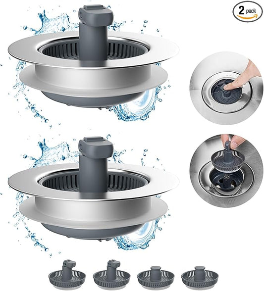 Hibbent 2 Pack 3 in 1 Kitchen Sink Drain Strainer and Stopper Combo, Chrome Stainless Steel Wraped Shell, 6 Anti-Clogging Basket Strainer with Foldable Handle for US Standard 3-1/2" Drain