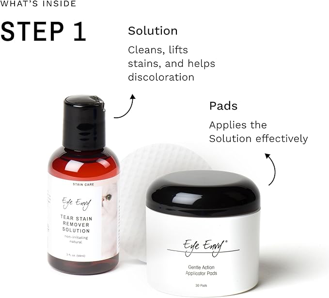 Eye Envy Cat Tear Stain Remover Starter Kit with ProPowder Brush. Stain Solution, Applicator Pads, Stain Powder, and Small Applicator Brush. Tear Stain Treatment Kit. Lasts 30-45 Days. Made in USA.