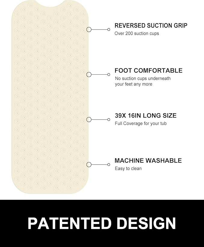 OTHWAY No Suction Cup Bath Mat: 39x16 inch Extra Long Bathmat│Perfect for Refinished or Ordinary Bath Tubs│Made of Nature Rubber│a Blessing for The Elderly and Children (Beige)