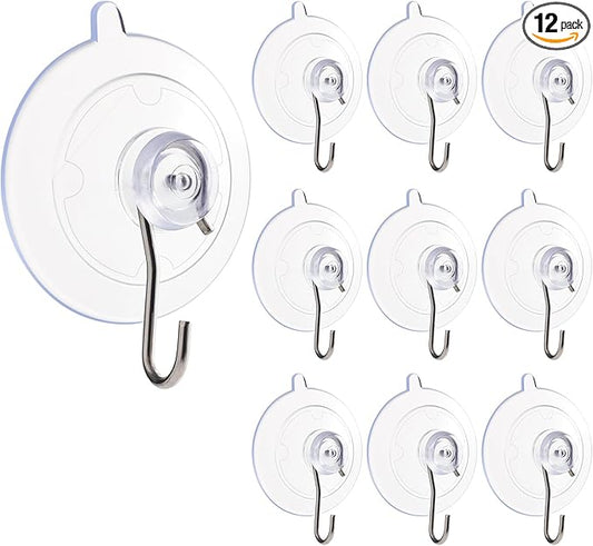 1.77-inch Medium Suction Cup Hooks, Reusable Clear PVC Suction Hooks for Smooth Glass Doors, Windows, Metal, Plastic, and Ceramic Tile Surfaces, Provide Super Strong Suction (4 Lb / 12-Pack)