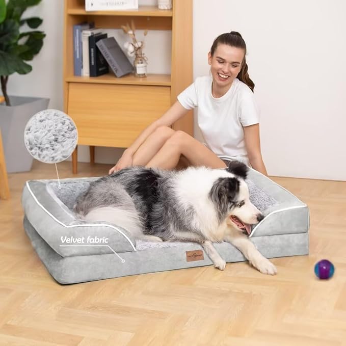 Comfort Expression Orthopedic Dog Bed for Large Dogs 38x25 Inch, Waterproof Egg Crate Foam Large Pet Bed with Removable Bolsters, Dog Couch with Washable Cover & Non-Slip Bottom, Grey White