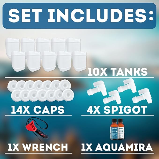 5-Gallon Stackable Water Storage Containers, Water Treatment,5 Gallons w/14 Lids + 4 Spigot, Easy Fill, Survial Supply Emergency Water Storage for Disaster Preparedness, 50 Gallon (10 Tanks)