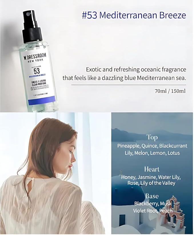 W.Dressroom No.53 Mediterranean Breeze Living Clear Perfume, Fabric & Room Spray, Water-Based Fresh Mist, Travel Size 2.36 oz