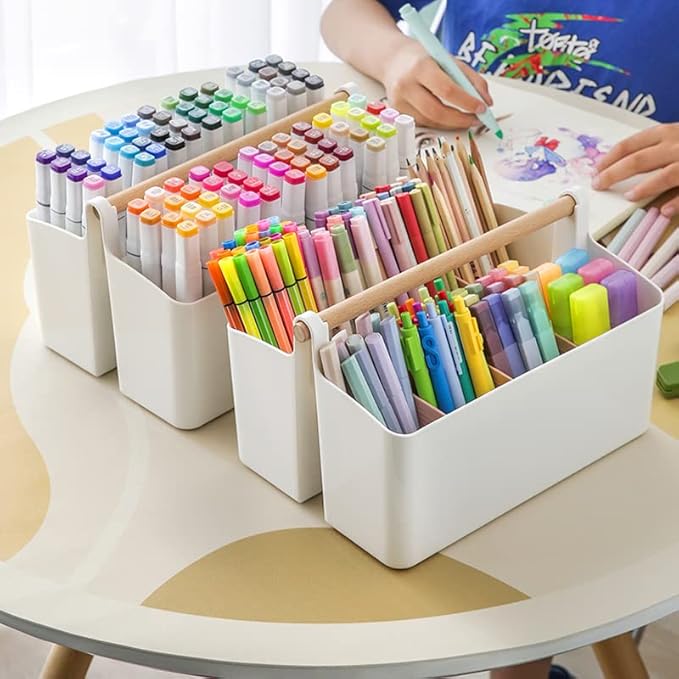 Large Plastic Portable Caddy with Handle, Storage Organizer Bin with Adjustable Dividers for Art Supplies, Crafts, Colored Pencils, Makeup Desk