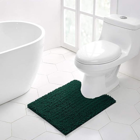 Walensee Bathroom Contour Rug Non Slip Toilet U Shaped Bath Mat (20x24, Hunter Green) Water Absorbent Super Soft Shaggy Chenille Machine Washable Dry Extra Thick Perfect Absorbant Best Plush Carpet