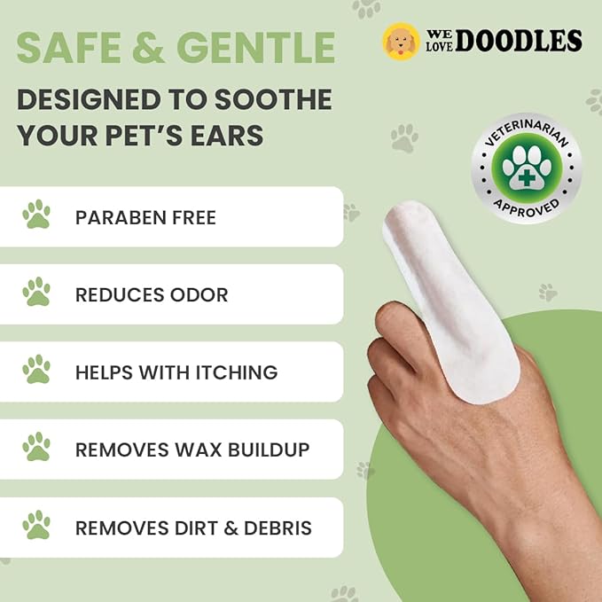 We Love Doodles Dog Ear Wipes - Pre Soaked Finger Ear Wipes for Dogs, Safe & Gentle Ear Cleaner for Dogs, Cleans & Deodorizes, Pet Wipes for Dogs, Dog Cleaning Wipes for Easy Grooming (75 Pieces)