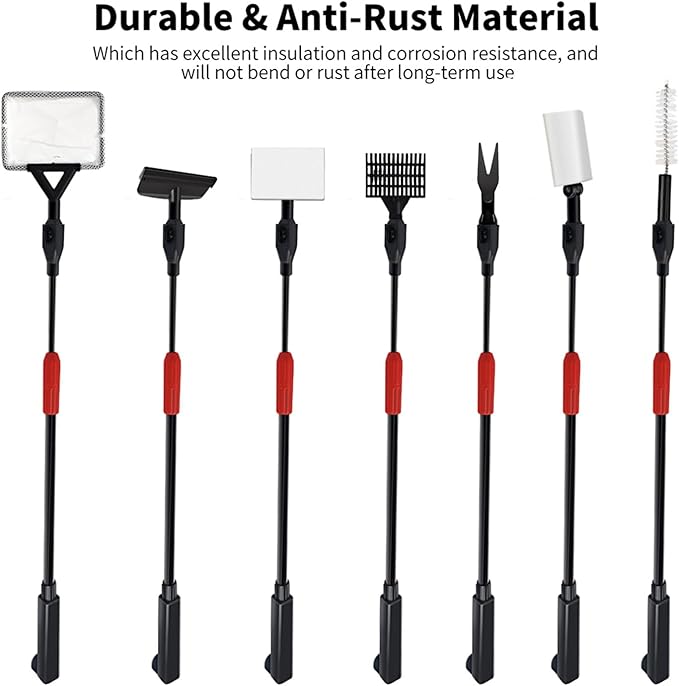 Aquarium Cleaning Tools, 7 in 1 Fish Tank Cleaning Kit with Adjustable Long Handle,Aquarium Sponge Brush, Scraper Cleaner,Fish Net,Tube Brush,Fork,Gravel Rake for Fish Tank Cleaner