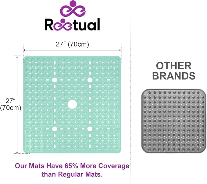 Reetual XL Shower Mat Non Slip - 27x27 Bath Mat for Shower Stall or Large Bathtub Mat with 240 Powerful Suction Cups and Drain Holes. Black Shower Mats for Bathroom (Aqua Green)