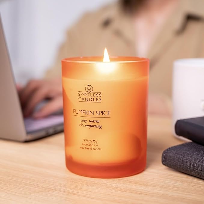 Pumpkin Spice Candle - 9.7 oz /275g Pumpkin Candle in Orange Frosted Glass Jar with Wooden Lid and Wooden Crackling Wick in Luxurious Gift Box - Cosy, Warm and Comforting