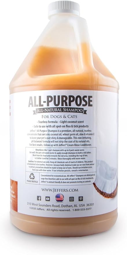 Jeffers Pet All Purpose Coconut Oil Shampoo for Dogs & Cats, 1 Gallon – Tearless, pH Balanced, Soap & Detergent Free Formula – Gentle & Nourishing for Sensitive Skin, Natural, Tearless Formula