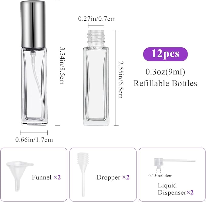 9 ML Empty Perfume Bottles, 12 Pcs Mini Glass Refillable Perfume Atomizer, Leak-proof Fragrance Bottles with Fine Mist Sprayer, Portable Perfume Bottle, Perfume Atomizer for Men and Women