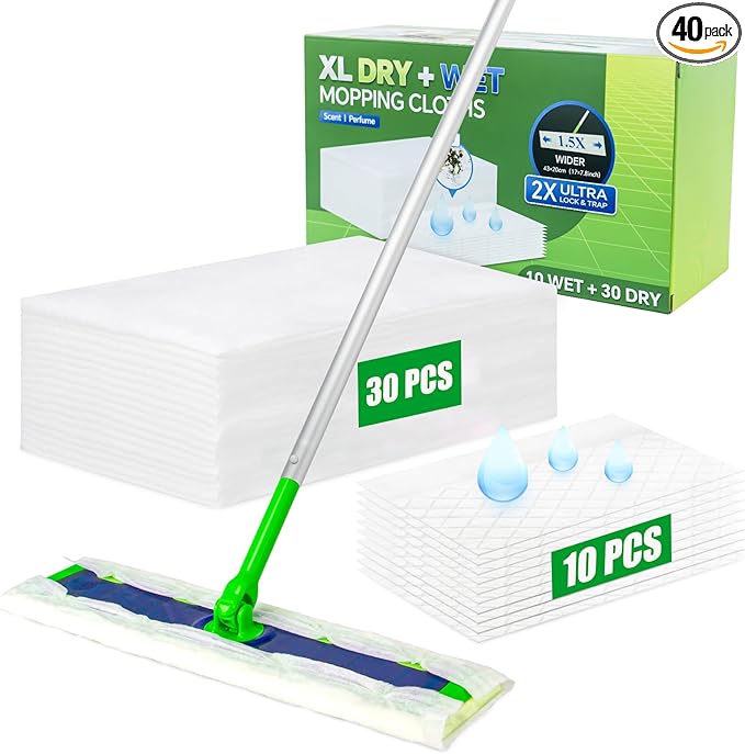 40 Count XL Dry + Wet Mopping Cloths Kit for Swiffer Sweep XL Mop, Disposable X-Large Mop Pads Refills Kit Includes 30 Dry Sweeping Cloths & 10 Wet Mopping Pads for Multi-Surface Floor Cleaning