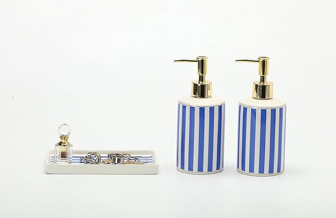 Coastal Blue & White Ceramic Soap Dispenser Set with Gold Pump – 3-Piece Bathroom & Kitchen Accessories with Tray, Refillable Lotion & Dish Soap Pump Bottles for Beach House & Nautical Décor