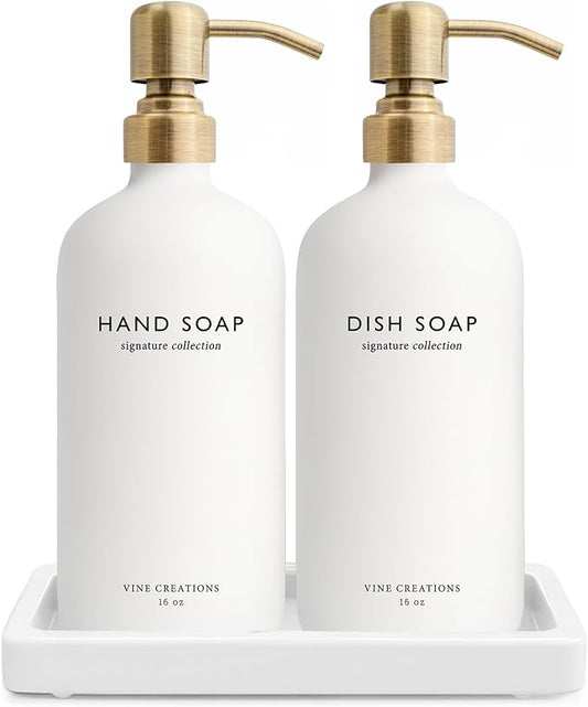 Vine Creations Glass Soap Dispenser Set, Kitchen Soap Dispenser Set with Ceramic Tray, 16 oz Dish Soap and Hand Soap Dispenser Set with Stainless Steel Pump Decor (White Bottle/Brushed Brass)