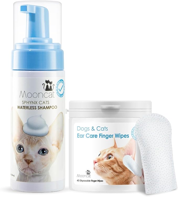 Mooncat Sphynx & Sensitive Cat Grooming Bundle – Waterless No-Rinse Cat Shampoo Foam for Oily Skin (5oz) + Cat Ear Cleaner Finger Wipes (40ct) | Licking Safe, Oil Control, Paraben-Free, pH Balanced |