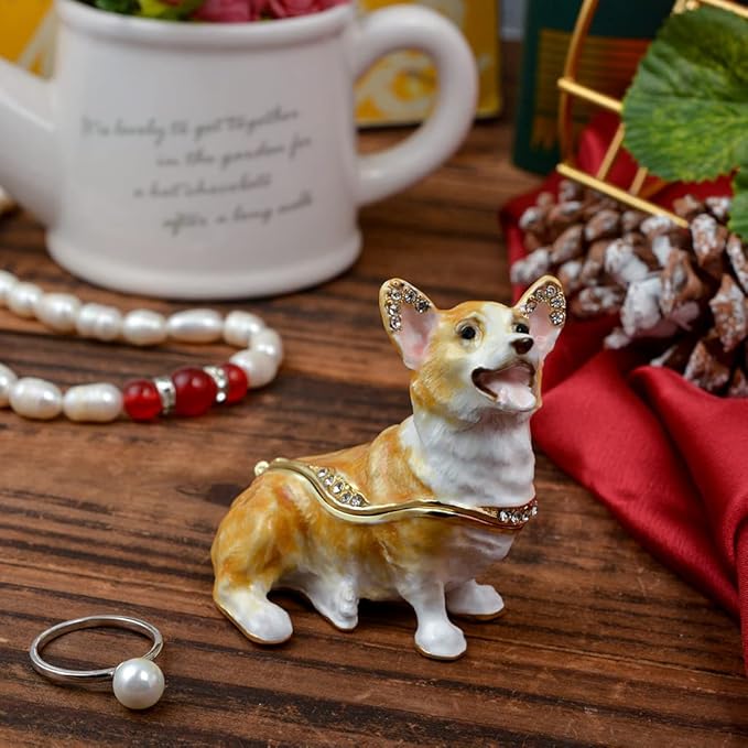 Corgi Trinket Box with Golden Crystal Enamel Design, Elegant Home Decor & Unique Gift for Dog Lovers, Pet Owners, or Special Occasion