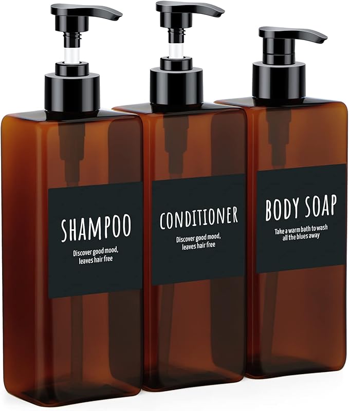 16.9oz Shampoo Bottles, Segbeauty 3pcs 500ml Pump Press Shower Containers with Labels, Empty Refillable Shampoo Body Soap Conditioner Shower Gel Plastic Bathroom Press Lotion Dispenser Amber