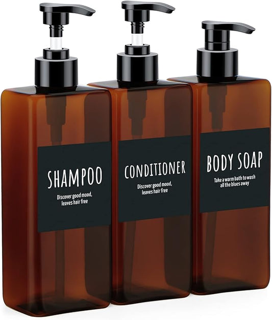 16.9oz Shampoo Bottles, Segbeauty 3pcs 500ml Pump Press Shower Containers with Labels, Empty Refillable Shampoo Body Soap Conditioner Shower Gel Plastic Bathroom Press Lotion Dispenser Amber