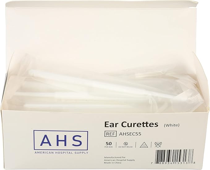 American Hospital Supply Ear Curettes | Ear Pick Wax Removal Tool Cleaner | Individually Wrapped Plastic Ear Cleaner Tool for Teens Adult (4 MM - Spoon Tip) White