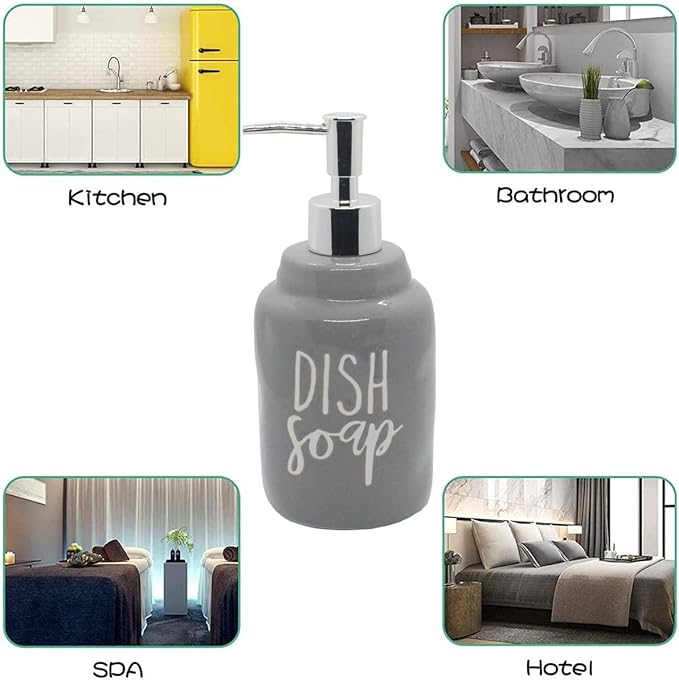 2 Pack Ceramics Hand Soap and Dish Soap Dispenser Set for Kitchen and Bathroom, Refillable Liquid Hand Soap and Premium Kitchen Soap Dispenser, Perfect for Counter Décor (Gray)