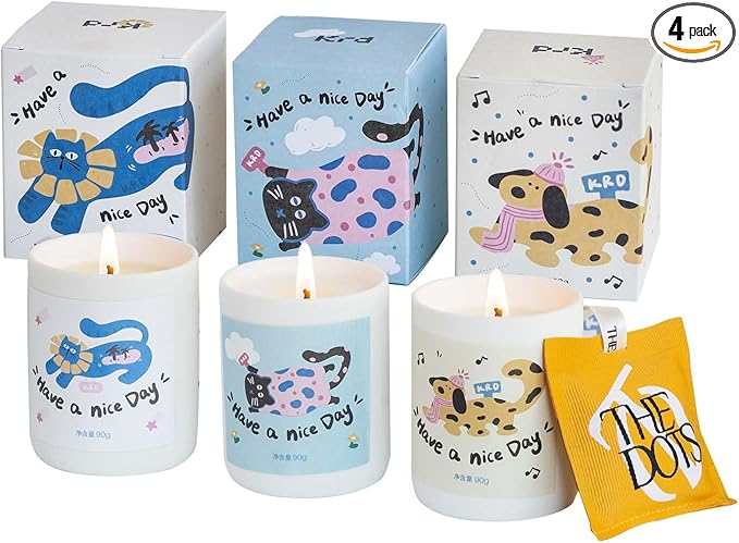 KRD Pet Lover's Gift Set, 3 Ceramic Jar Candles & Scented Sachet, 3.2oz 20H Burn, Coconut Soy Wax for Home Decor & Christmas Gift