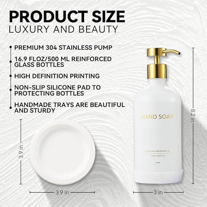 Glass Soap Dispenser Set by Janxin,Bathroom Soap Dispenser Set with Ceramic Tray,Luxury Bathroom Accessories,Modern Kitchen Decor (White+Gold(Hand Soap))