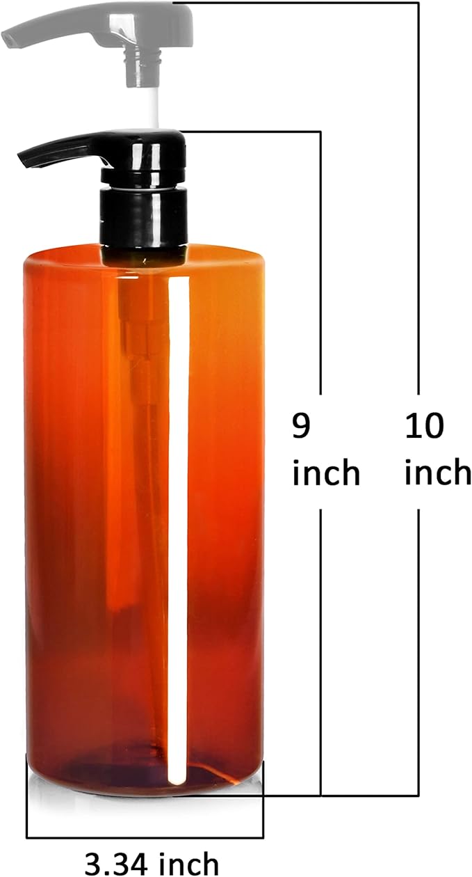 Youngever 4 Pack Pump Bottles for Shampoo 32 Ounce (1 Liter), Amber Shampoo Pump Bottles, Plastic Cylinder with Lockdown Leak Proof Pumps