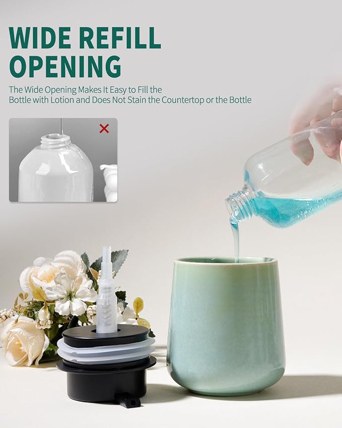 BosilunLife Hand Soap Dispenser - Ceramic Dish Soap Dispenser for Bathroom 12ounce Refillable Liquid Hand Wash Dispenser for Essential Oil, Lotion Soap, Light Green