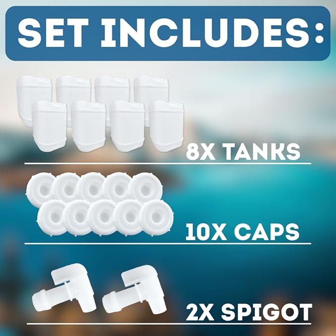 5-Gallon Stackable Water Storage Containers, 5 Gallons w/10 Lids + 2 Spigot, Easy Fill, Survial Supply Emergency Water Storage for Camping and Disaster Preparedness, RV, 40 Gallon (8 Tanks)