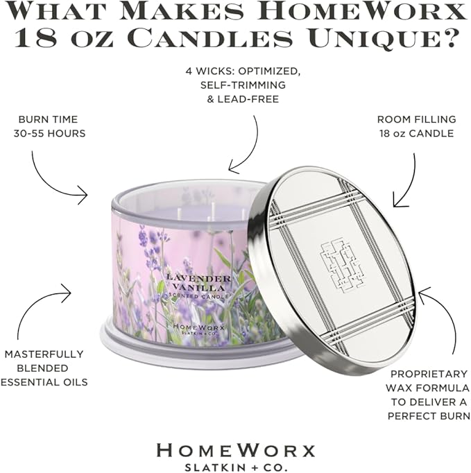 HomeWorx by SLATKIN + CO. Candle- Lavender Vanilla, 18 oz. 4-Wick Premium Scented Candle - 30-55 Hours Burn Time