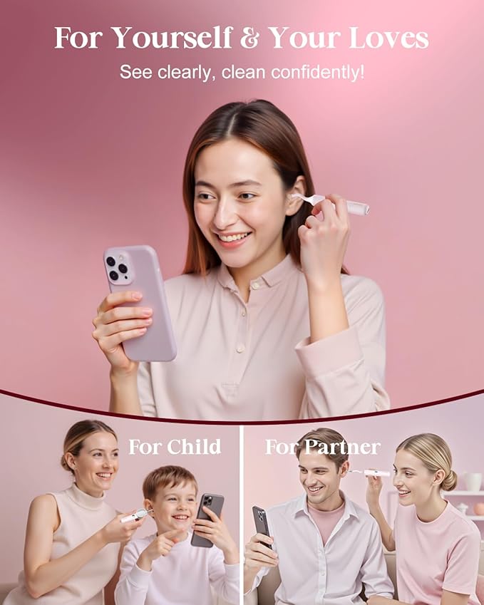 Ear Wax Removal Tool Camera, Ear Cleaning Kit with Flexible Visual Ear Camera Otoscope, Portable Wireless Painless Ear Cleaner with Earwax Remover Tweezers for Adults Kids Pets(Pink)