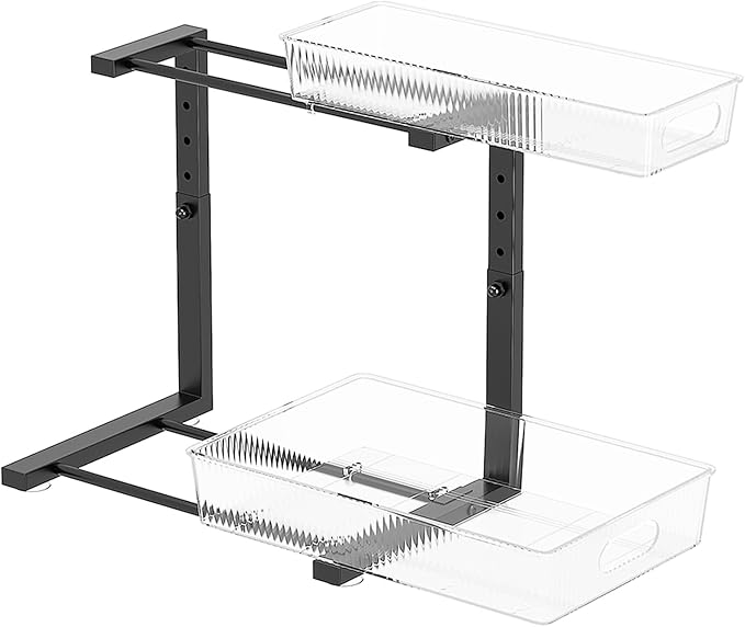 Under Sink Organizer, 2 Tier Pull Out Storage Organizer, Slide Out Storage Shelf for Bathroom & Kitchen, Under Cabinet Organizer and Storage with 5 Gears Height Adjustable (Black, 1 Pack)