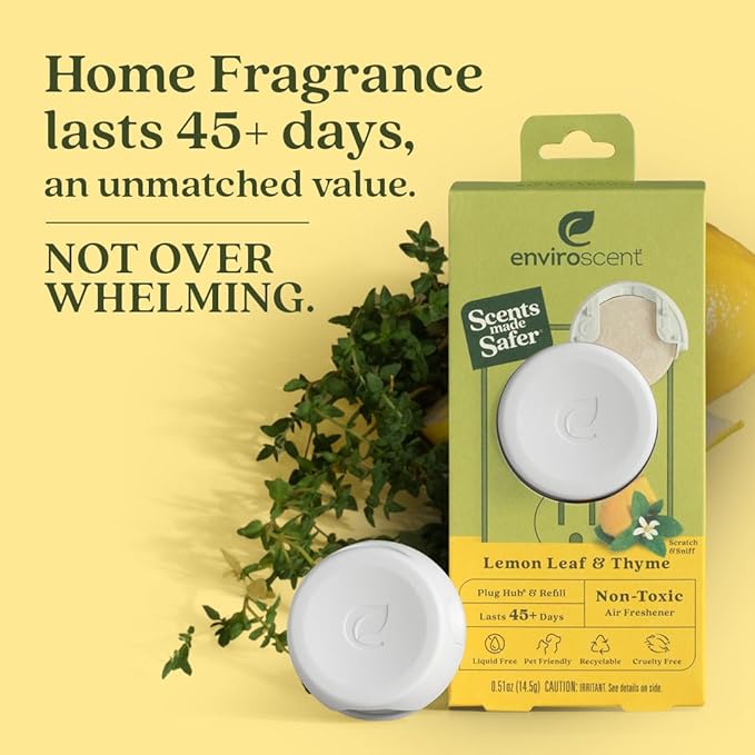 Enviroscent Non Toxic Air Freshener (Lemon Leaf & Thyme) Plug-in Home Fragrance Last 45+ Days | Kit includes 1 Refillable Plug In Warmer & 1 Scent Refill