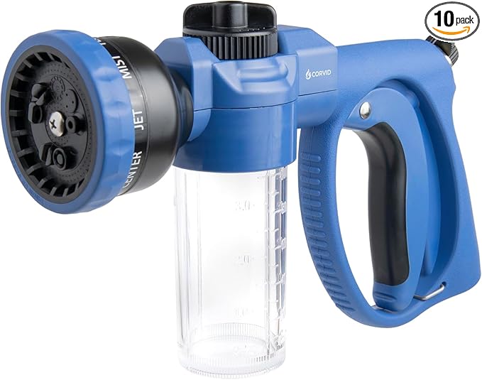 10-Pack Corvid Adjustable Nozzle with Soap Dispenser, 8-Pattern Spray Hose Nozzle for Cleaning Cars, House, and Pets - Lightweight Plastic Design