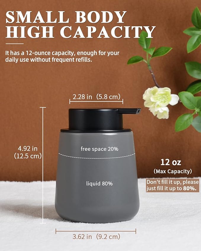 BosilunLife Grey Lotion Dispenser - Modern Ceramic Soap Dispenser Bathroom 12 oz Bottles Lotion Hand Pump Dispenser Black Pump Dish Liquid Dispenser for Kitchen Hand Wash Dispenser