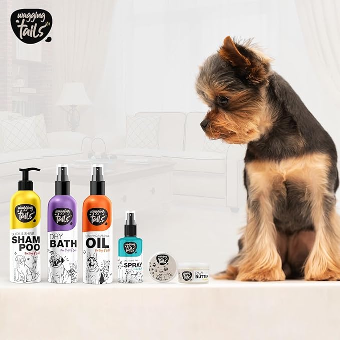 Wagging Tails 5 in 1 Grooming Kit for Pets | Shampoo 6.76 fl oz + Dry Bath 6.76 fl oz + Massage Oil 6.76 fl oz + Paw Butter 1.76 fl oz + Paw Spray 3.38 fl oz | Natural Ingredients| Ideal Gift for Pets