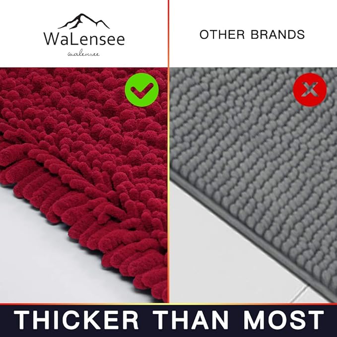 Walensee Bathroom Rug Non Slip Bath Mat (32x20 Inch Red) Water Absorbent Super Soft Shaggy Chenille Machine Washable Dry Extra Thick Perfect Absorbant Best Large Plush Carpet for Shower Floor