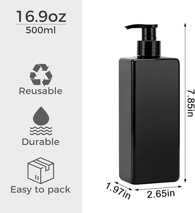 Suream Shampoo and Conditioner Dispenser Set, 3Pack 16.9oz Bathroom Countertop Soap Bottle with 4PCS lables, Plastic Refillable Dispenser with Pump for Kitchen, Office, Travel, Resturant, Black