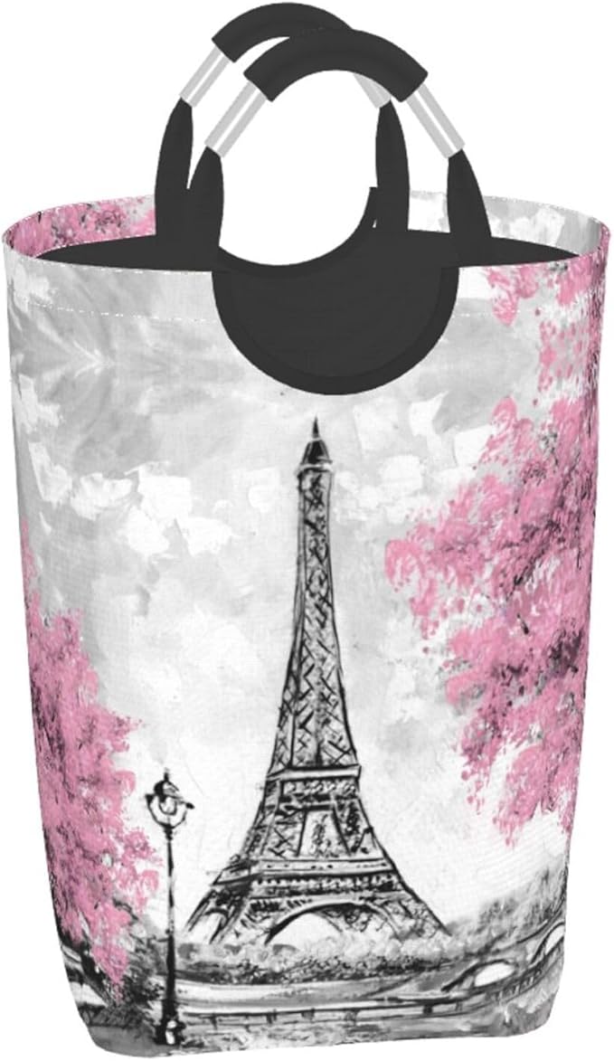Paris Eiffel Tower Large Laundry Hamper Bag With Waterproof Liner - Laundry Basket Foldable Clothes Storage Organizer For Bathroom Bedroom Nursery Dorm