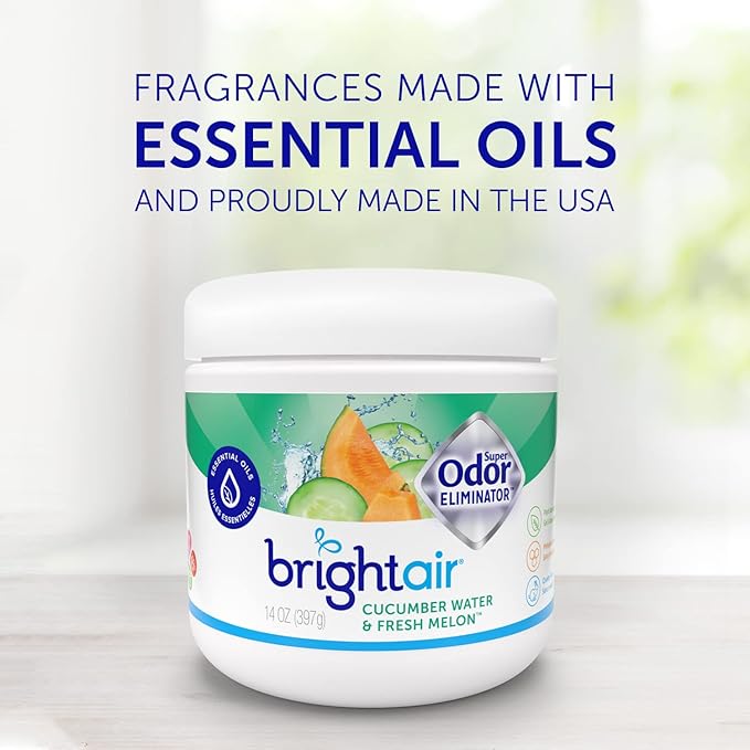 Bright Air 14 oz. Super Odor Eliminator, For Medium-Size Spaces, Cucumber Water & Fresh Melon Scent, Case of 6, Odor Eliminator & Air Freshener, Natural Essential Oils, Lasts Up to 90 Days Each